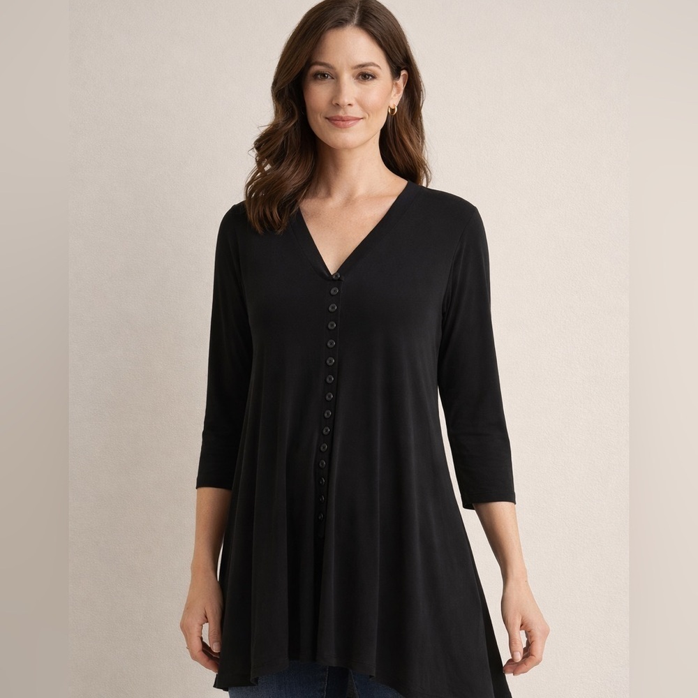 Sympli | Black 3/4 Sleeve Button Front Tunic Top Office Contemporary Minimalist